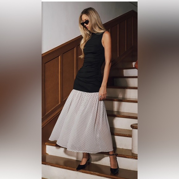 Commense Black Mock Neck Midi Dress Polka Dot Hem Elegant Event Dress NWT Small - Picture 3 of 14